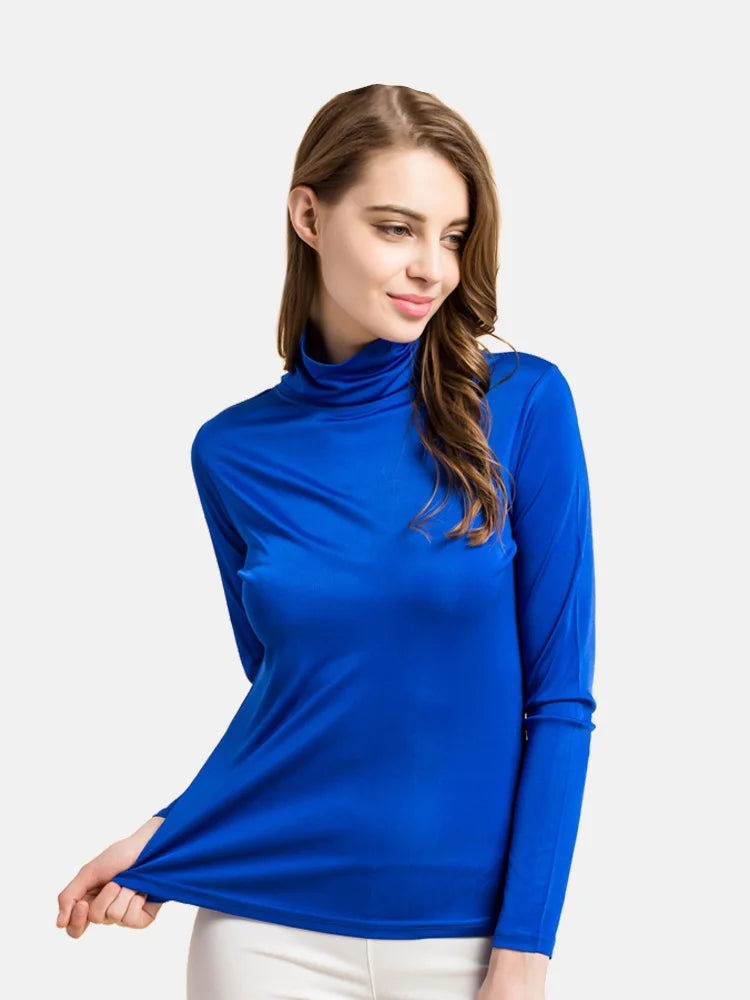 SuyaDream feminino gola alta, pulôveres sólidos de manga comprida, seda natural de malha, camiseta de fundo chique, top primavera outono 2025