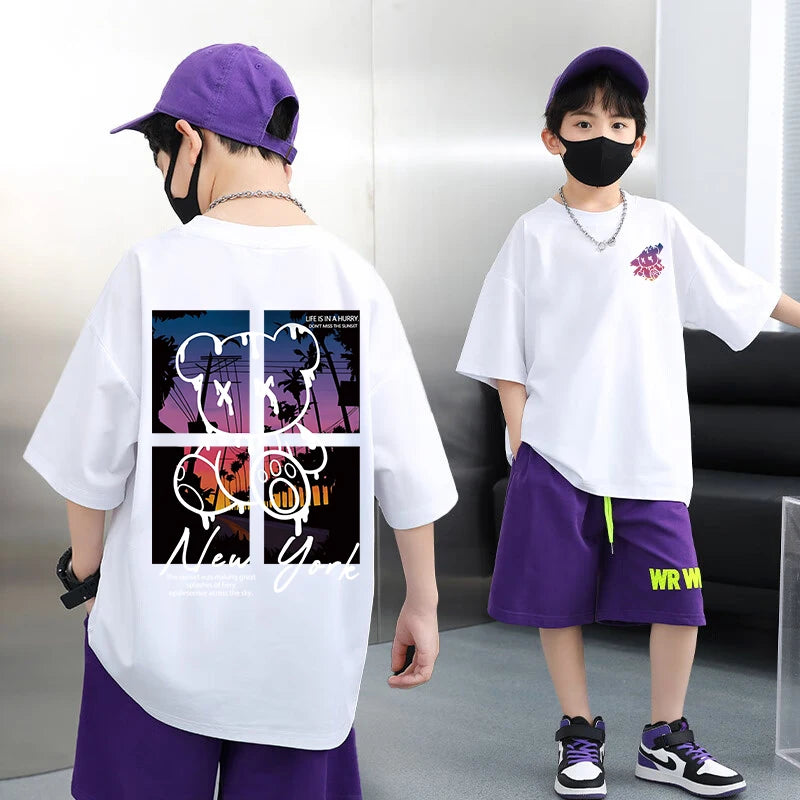 Graffiti impressão camiseta de manga curta infantil, 100% algodão, verão streetwear, meninas tees, crianças tops, roupas de crianças, alta qualidade
