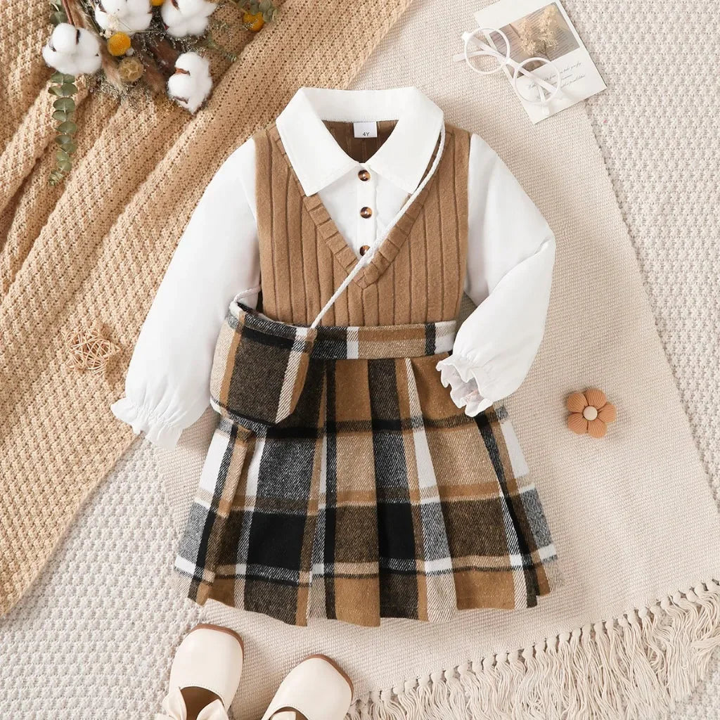 Outono crianças meninas saia conjunto de manga comprida topo + saia xadrez + bolsa de ombro 3 pçs estilo japonês-coreano traje para menina 4-7 anos