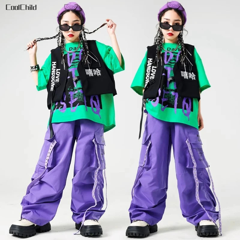 Conjunto de camiseta e calças infantis legais, trajes de jazz, Hip Hop Streetwear, roupas femininas, moda feminina, corredores de rua, colete infantil