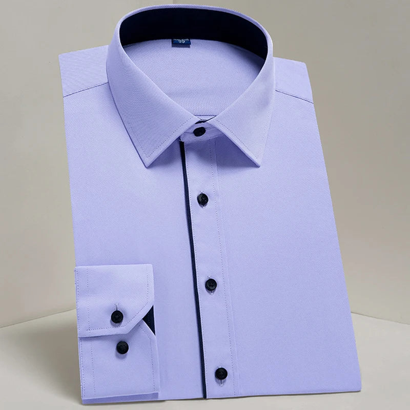 Camisas sociais masculinas clássicas de manga comprida, ajuste padrão, formal, negócios, social, simples, design básico, branco, trabalho, escritório, camisa casual