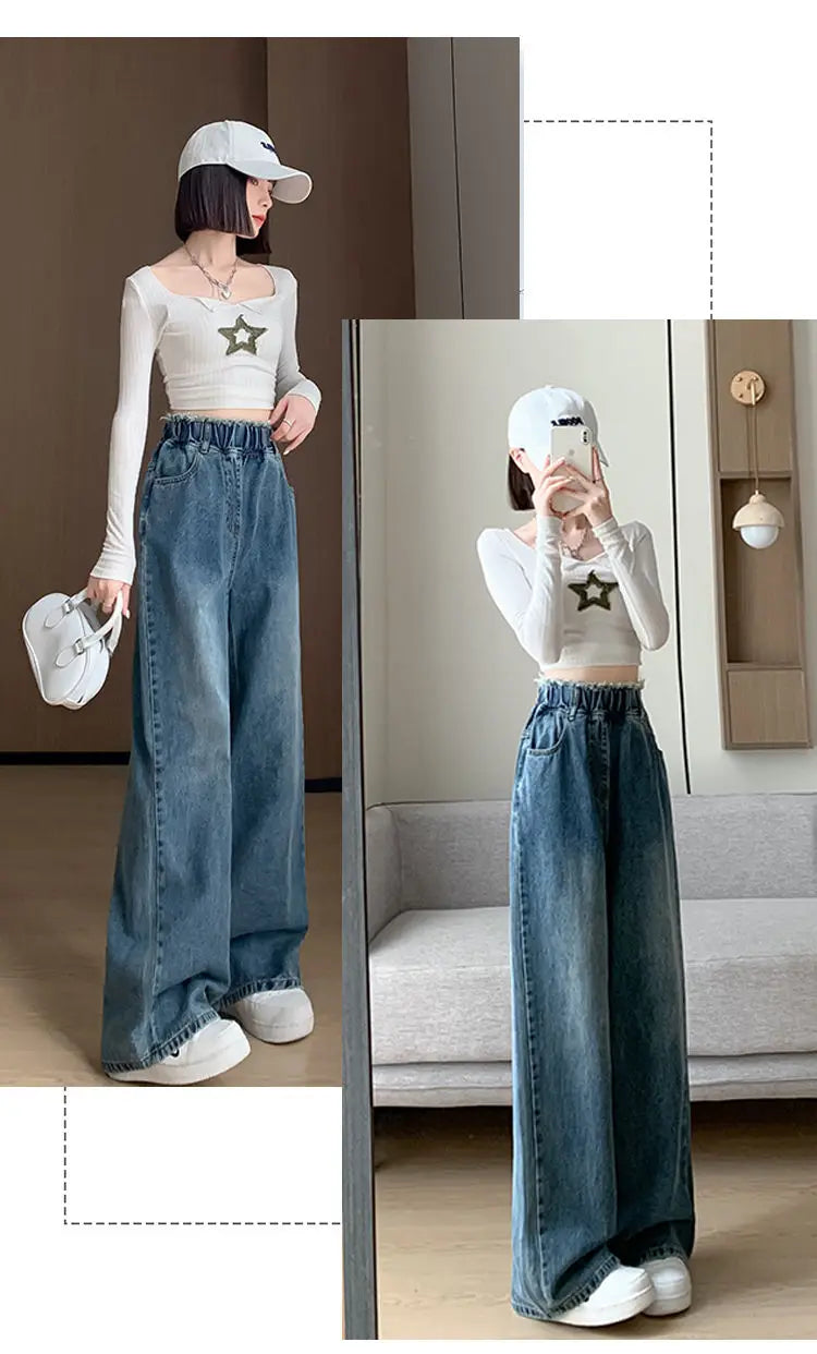 Calças jeans de tamanho grande femininas trilha reta perna larga solta cintura alta fina renda borla calças superiores
