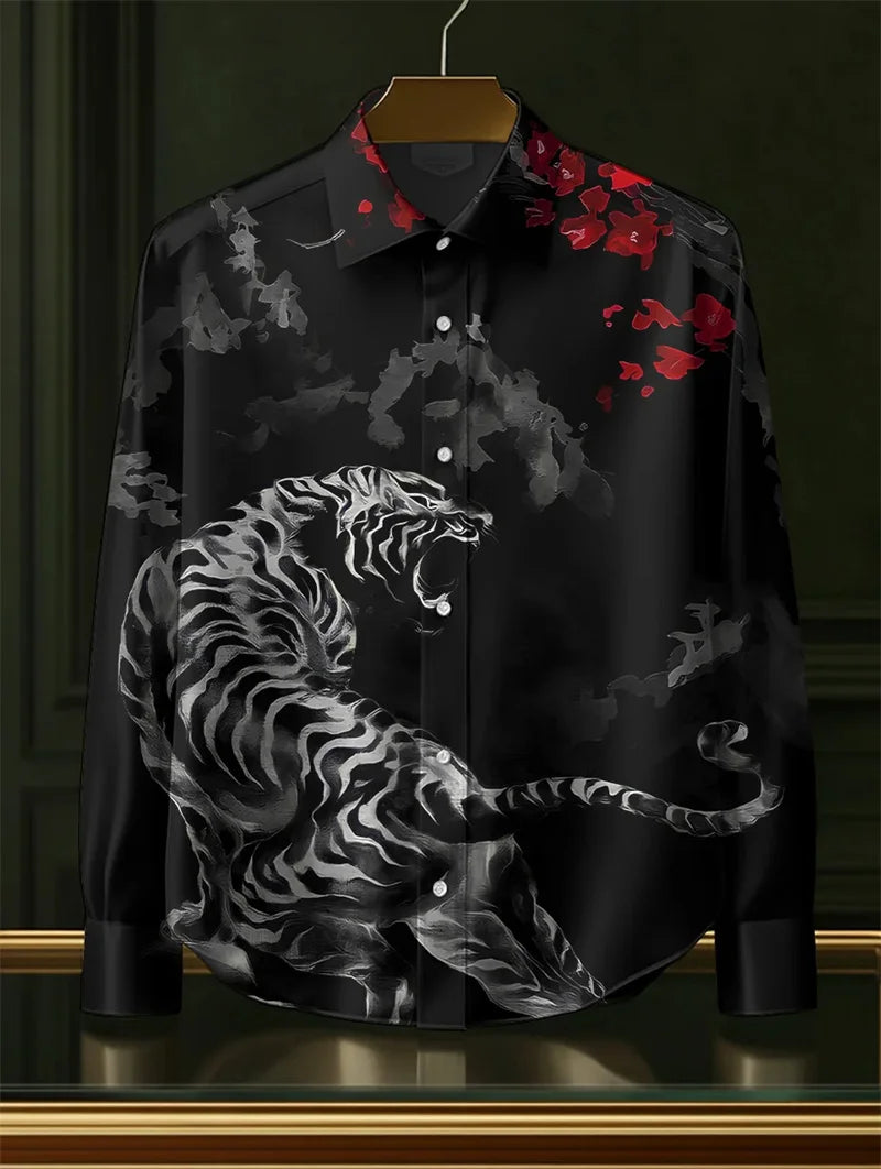 Camisa masculina de linho com estampa de arte 3D casual estilo vintage manga comprida gola de lapela top fashion engraçado estampado bege top