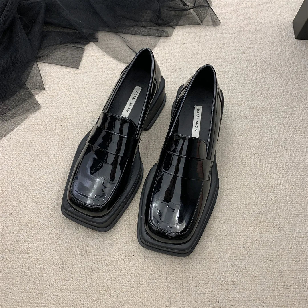 Estilo britânico fundo grosso primavera outono cabeça quadrada retro mocassins sapatos femininos casuais deslizamento na plataforma mocassins senhoras bombas