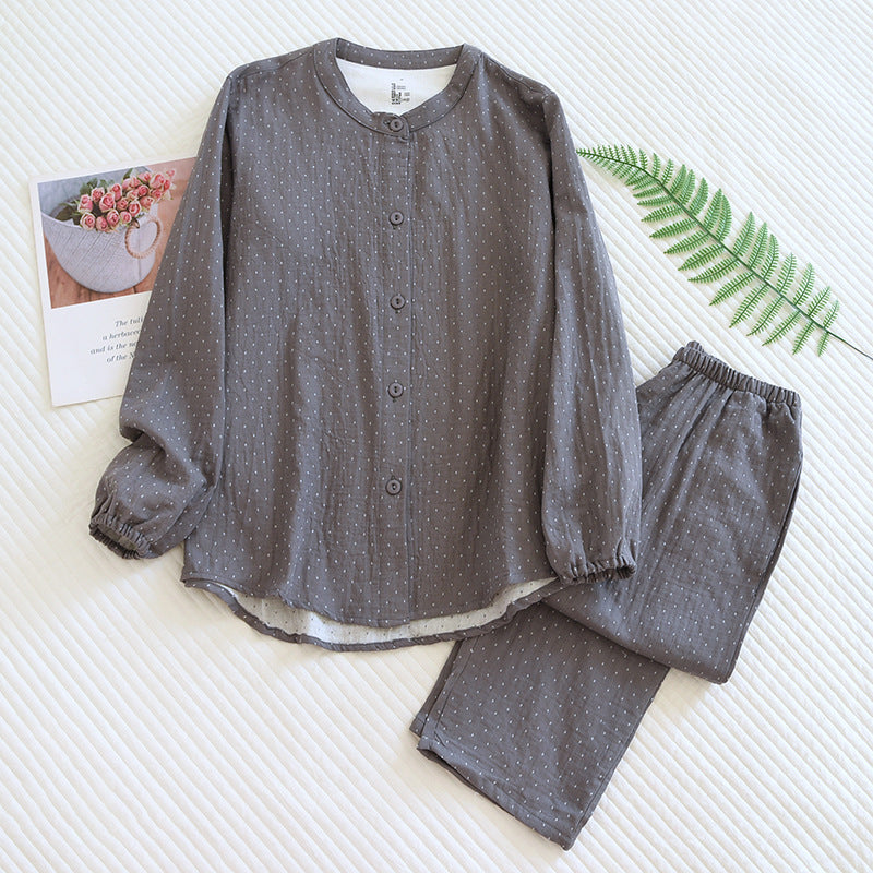 Algodão feminino polka dot pijama define fio-tingido gaze manga longa calças loungewear casual simples pijamas em torno do pescoço nightwears