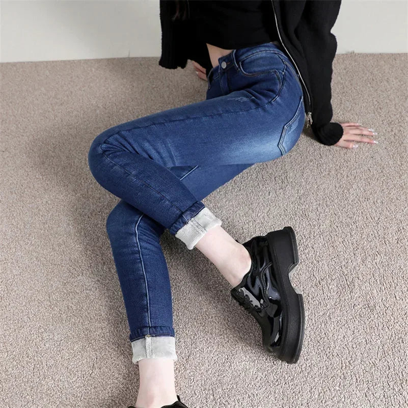Inverno senhora térmica quente jeans de pelúcia magro estiramento jeans senhora fino ajuste lápis calças meninas perna reta denim