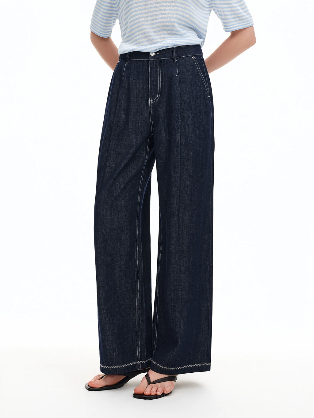 DUSHU 2026 Calça Jeans Feminina de Cintura Alta com Costura Contrastante e Perna Reta - Calça Casual para Uso Diário e Deslocamento