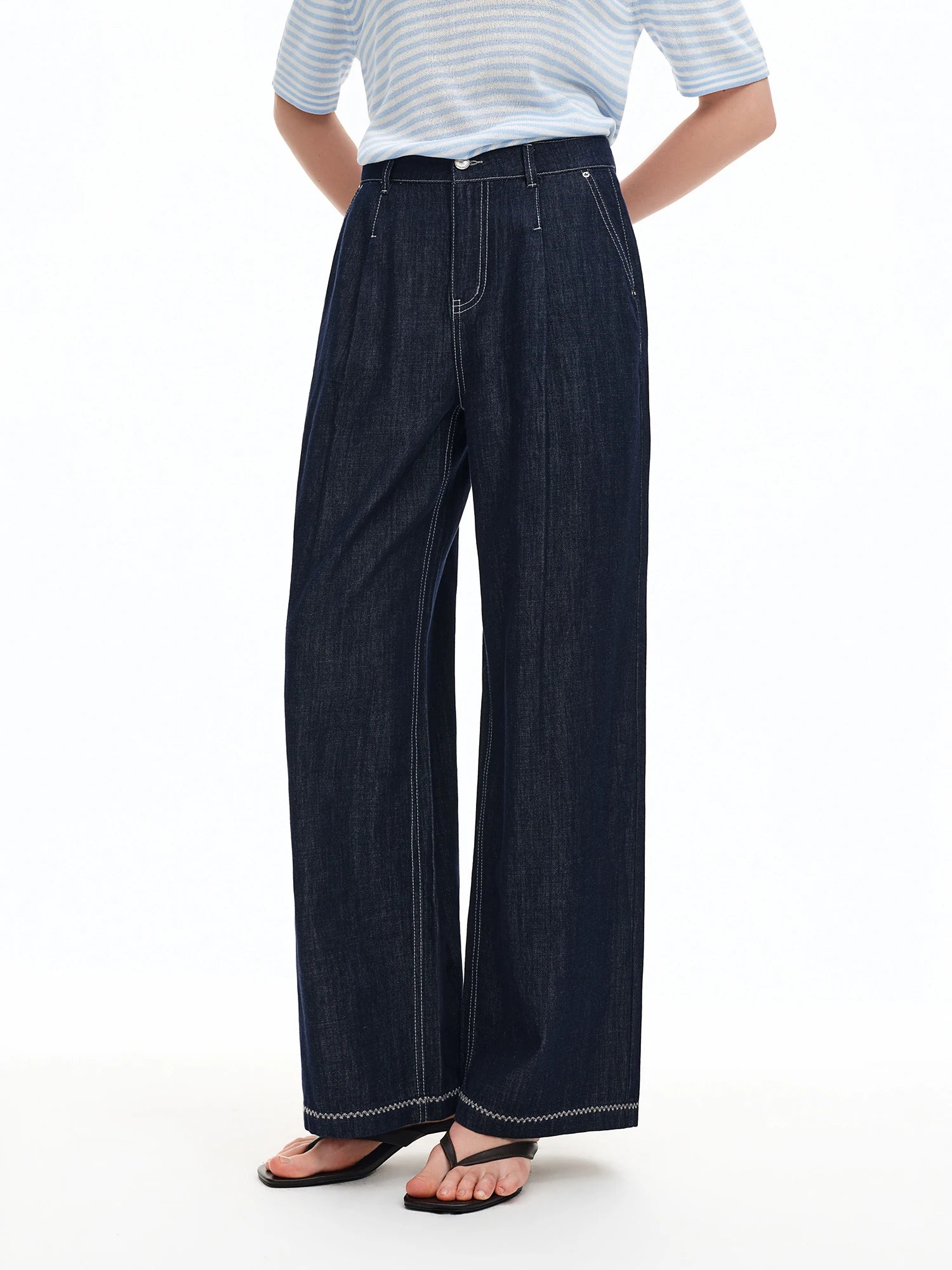 DUSHU 2026 Calça Jeans Feminina de Cintura Alta com Costura Contrastante e Perna Reta - Calça Casual para Uso Diário e Deslocamento