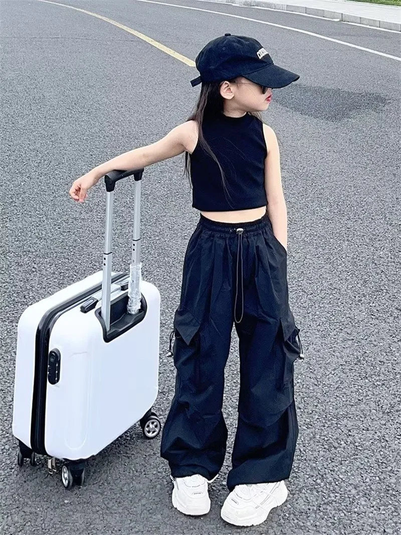 Calças Cargo para Meninas, Roupas de Trabalho Soltas para Crianças, Calças Leves para Primavera e Outono, Roupas Casuais para Adolescentes