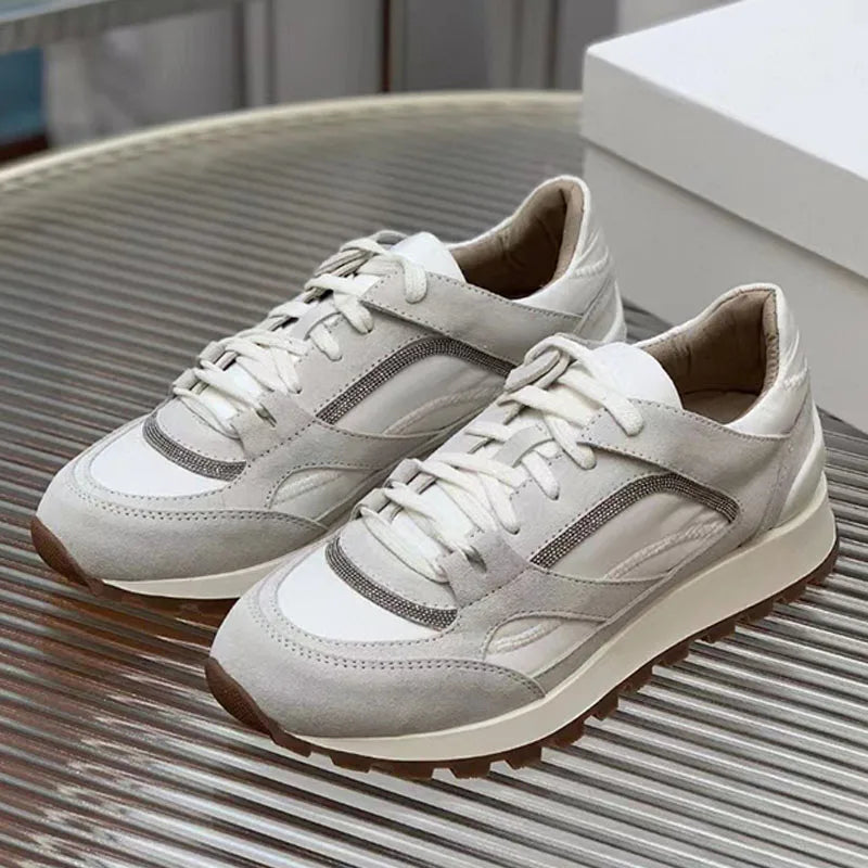Sapatos casuais mulher dedo do pé redondo corrente corda grânulo conforto tênis de corrida senhoras camurça vaca retalhos rendas até tênis planos