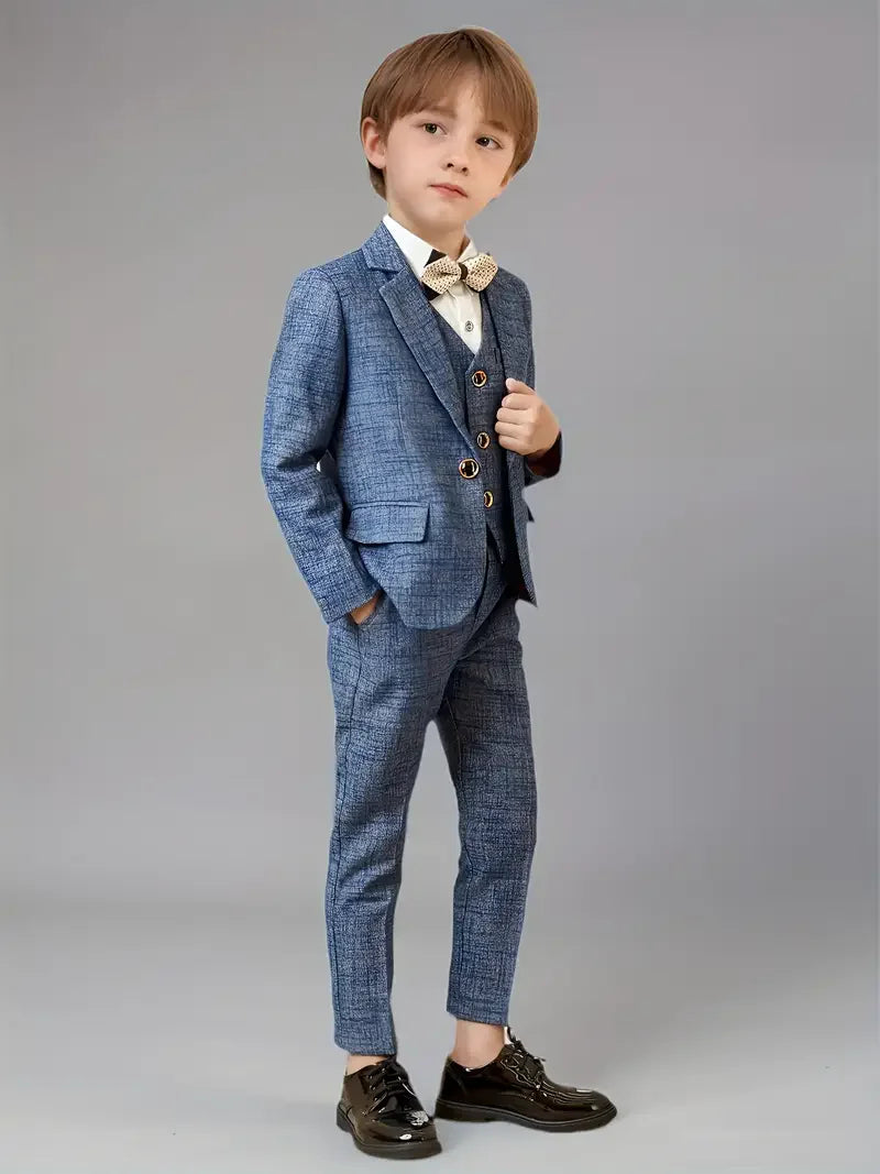 Meninos 5 peças/set jaqueta colete calças broche bowtie fotografia terno crianças formal festa de aniversário casamento smoking conjunto crianças blazer
