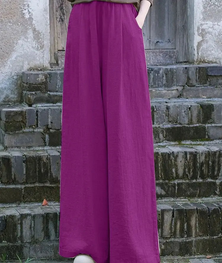 Calças de linho largas femininas casuais boêmias soltas e fluidas calças palazzo verão primavera