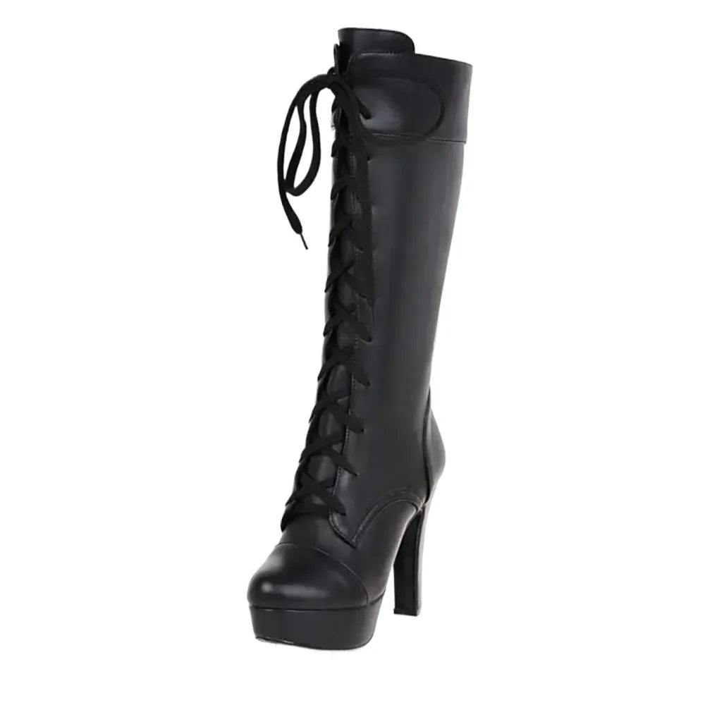 Qplyxco joelho botas altas femininas nova moda pequena tamanho grande 31-45 outono inverno quente rendas até salto alto botas de plataforma longa M-20