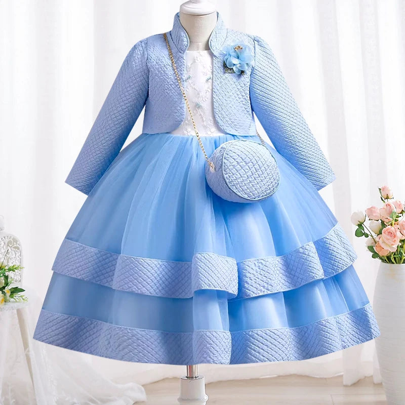 Novo outono/inverno vestido de festa de manga longa elegante menina bordado vestido de desempenho de natal saco de presente para crianças de 3 a 11 anos