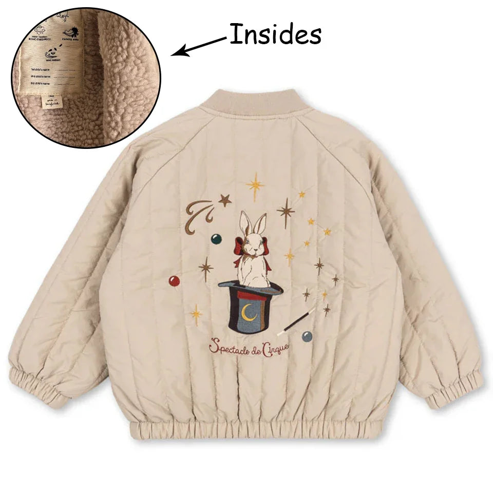 Novo 2025 ks meninas dos desenhos animados algodão velo casacos de inverno da criança meninos jaqueta de lã de cordeiro crianças casaco bordado crianças outwear roupas