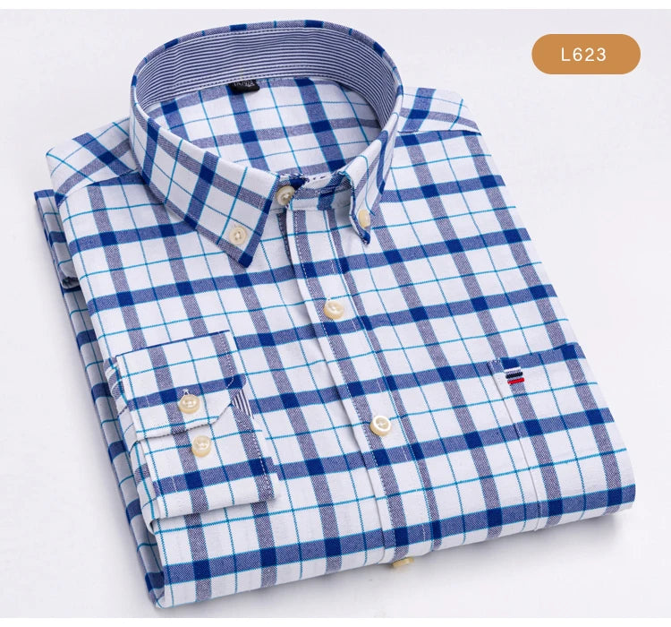 Camisas de vestido de algodão com design de gola de lapela listrada xadrez na moda masculina, camisa casual de manga comprida com botões para primavera/outono