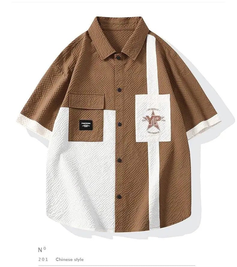 Conjunto Casual Masculino de Linho e Algodão, Camisa de Manga Curta com Colarinho e Calças Largas, Traje de Verão com Bordado Floral
