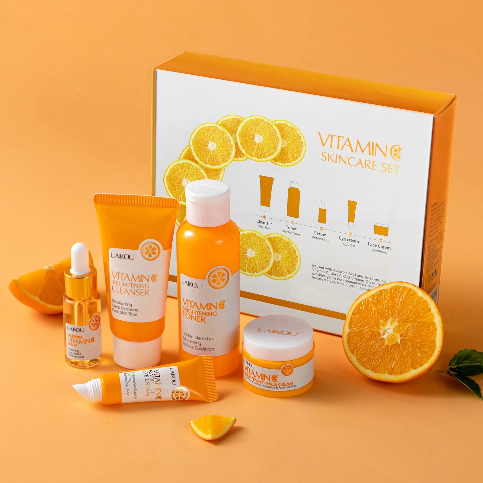 Laikou vitamin c conjunto de cuidados com a pele iluminando 5 pçs kit mesmo tom da pele suave rugas apertar poros limpador toner soro creme para os olhos