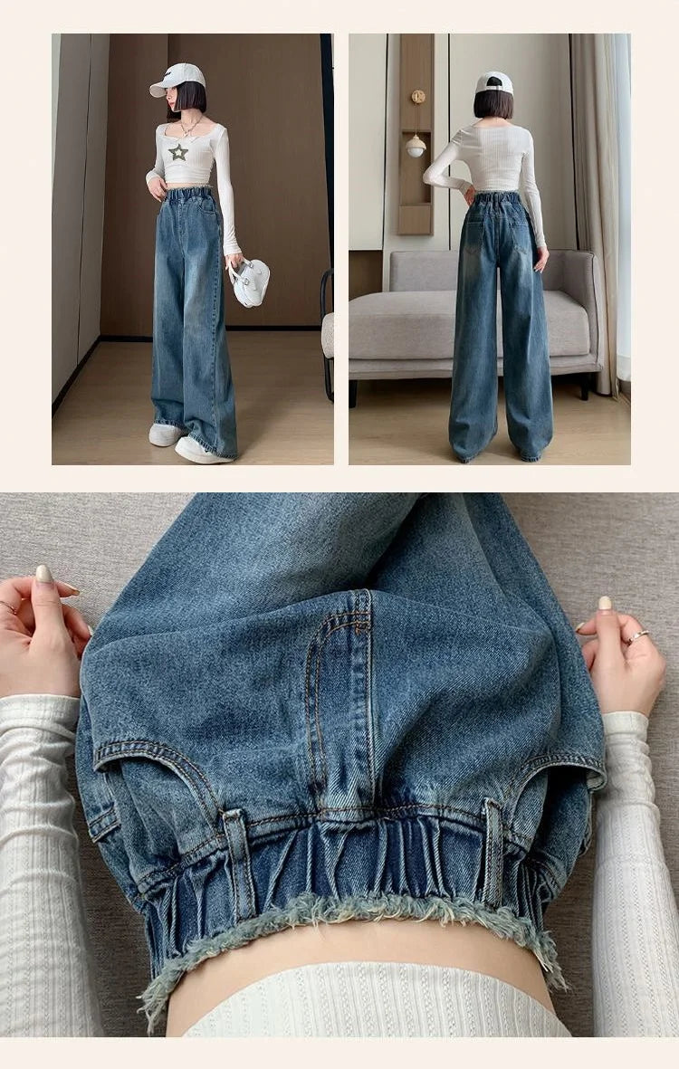 Calças jeans de tamanho grande femininas trilha reta perna larga solta cintura alta fina renda borla calças superiores