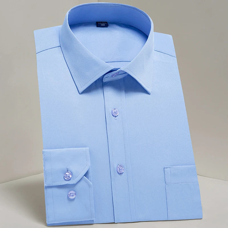 Camisas sociais masculinas clássicas de manga comprida, ajuste padrão, formal, negócios, social, simples, design básico, branco, trabalho, escritório, camisa casual