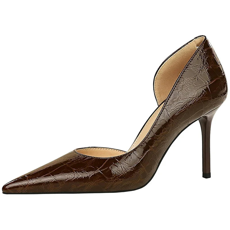 Estilo ocidental festa sapatos femininos 8cm salto alto fino raso apontou toe lado oco serpentina retro senhoras elegantes bombas marrom