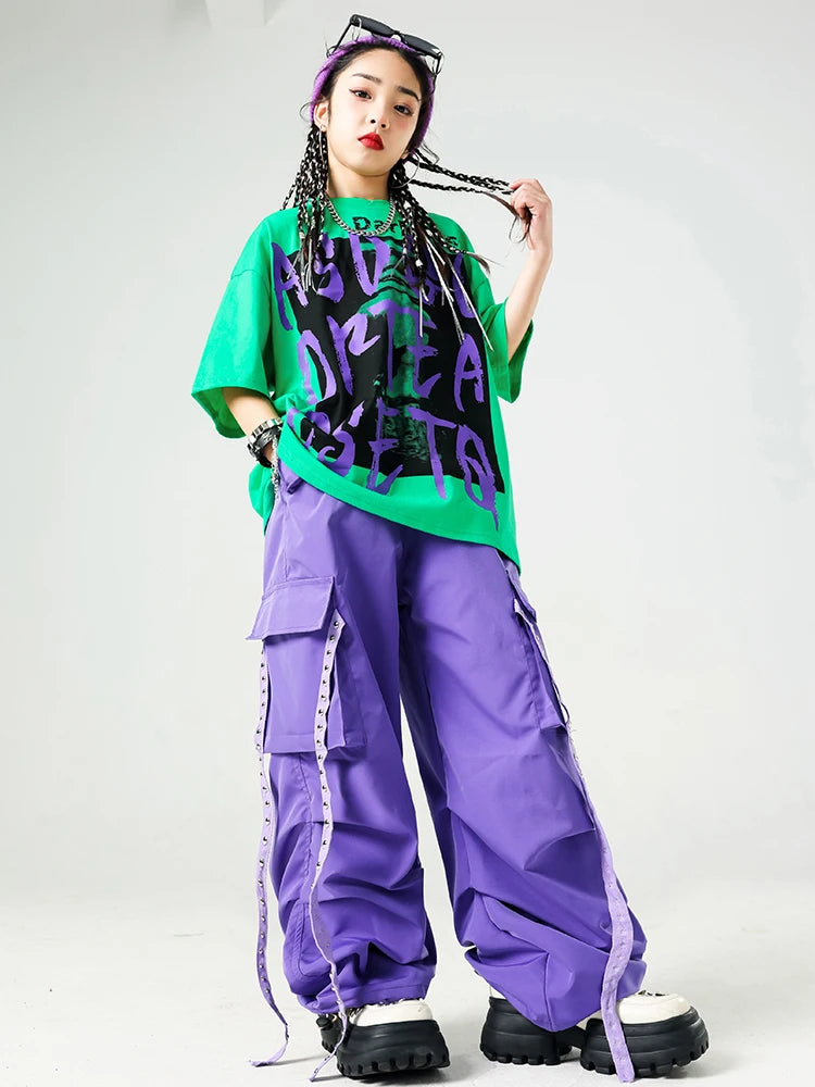 Conjunto de camiseta e calças infantis legais, trajes de jazz, Hip Hop Streetwear, roupas femininas, moda feminina, corredores de rua, colete infantil