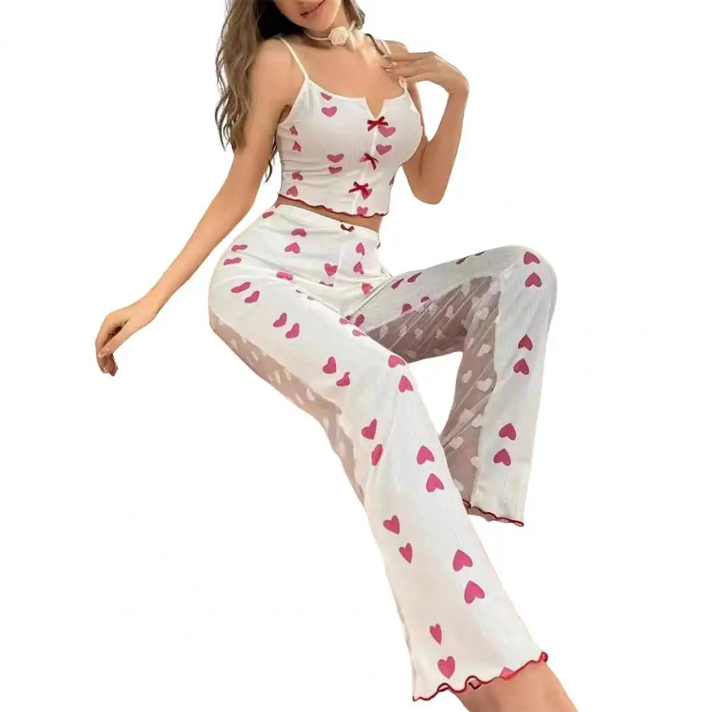 2 pçs/set feminino colete calças terno arco coração impressão sem mangas shirring borda superior malha retalhos calças homewear roupa de dormir