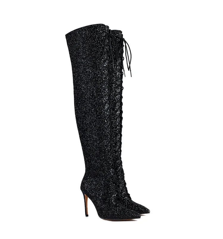 Botas femininas de lantejoulas acima do joelho, salto alto fino, botas longas pontiagudas, sapatos de festa para senhora, moda boate, 10cm, outono e inverno