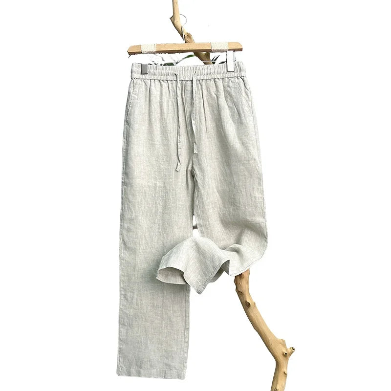 Linho natural pele pura respirável verão cor pura moda linho fino ajuste masculino solto linho reto calças casuais