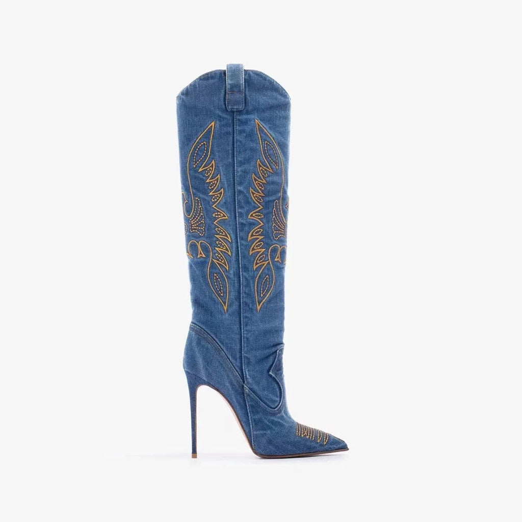 Moda feminina europeia e americana salto alto apontado ocidental denim bordado linha joelho manga alta botas de strass