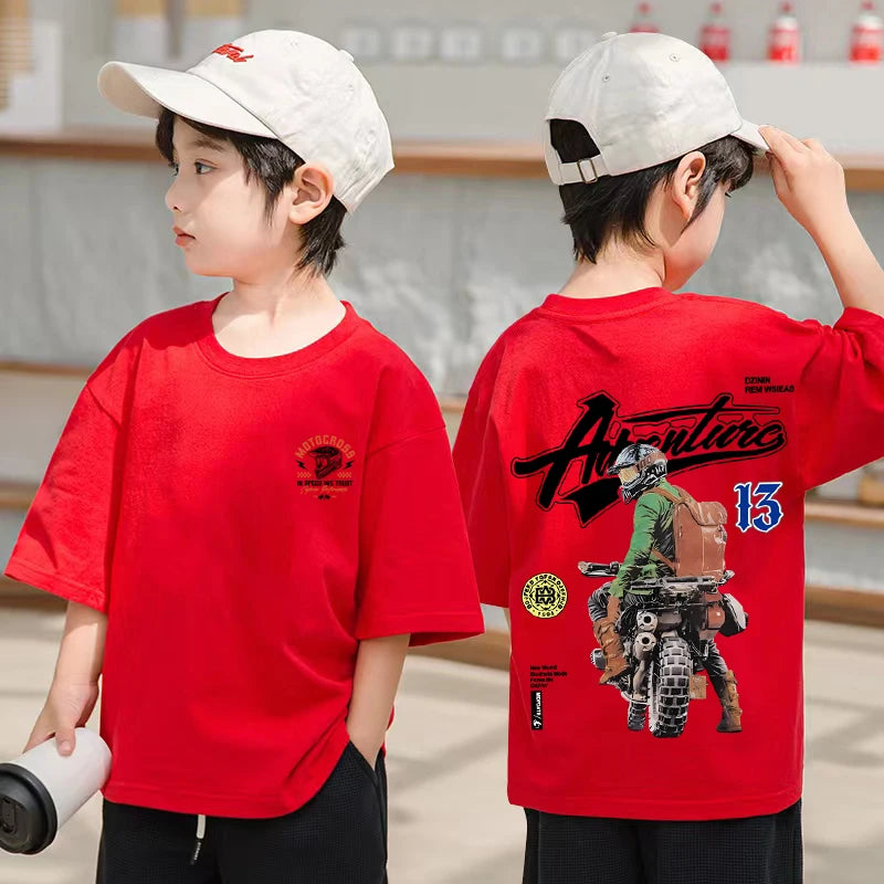 Roupas infantis coreanas 2025 meninos motocicleta camiseta gráfica verão manga curta 100% algodão solto crianças topo roupas infantis
