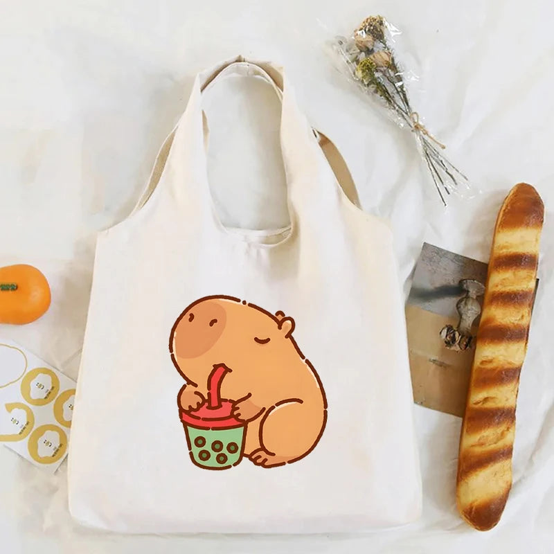 Capivara dos desenhos animados impressão branco lona sacola organizador feminino kawaii eco amigável bolsa de compras capivaras bonito sacos de ombro