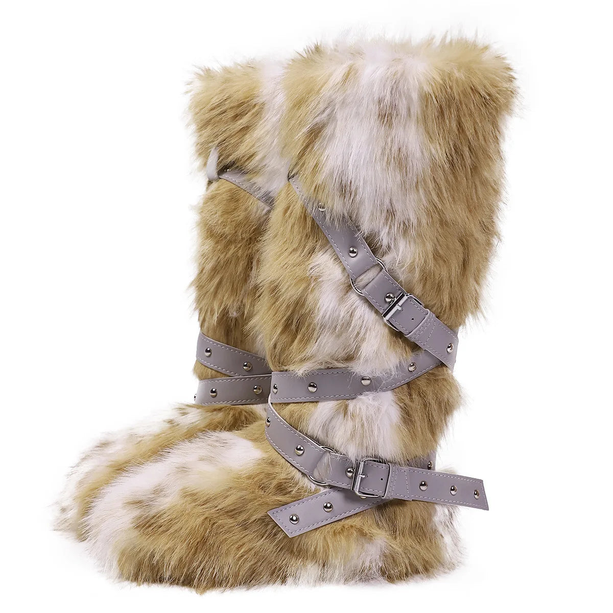 Botas femininas felpudas até o joelho |   Calçado de inverno com detalhes multi-fivela, texturas de leopardo e shearling