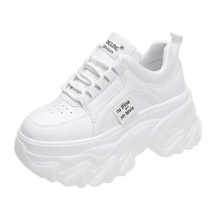 Sapatos femininos tendência branco preto grosso tênis outono inverno fundo grosso pai sapatos de alta qualidade couro do plutônio plataforma tênis novo