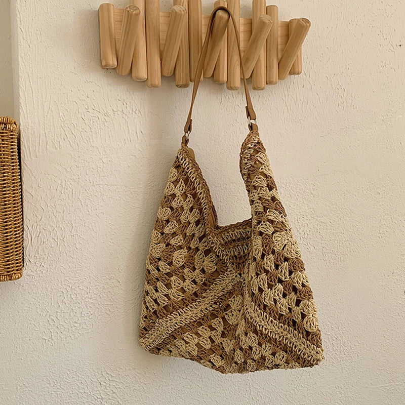 Bolsa de ombro de palha tecida feminina popular bolsa de tamanho médio com alça para férias na praia