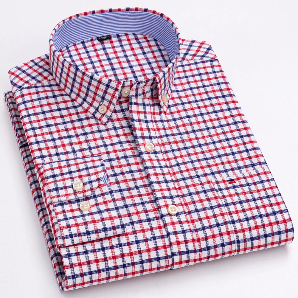 Camisas de vestido de algodão com design de gola de lapela listrada xadrez na moda masculina, camisa casual de manga comprida com botões para primavera/outono
