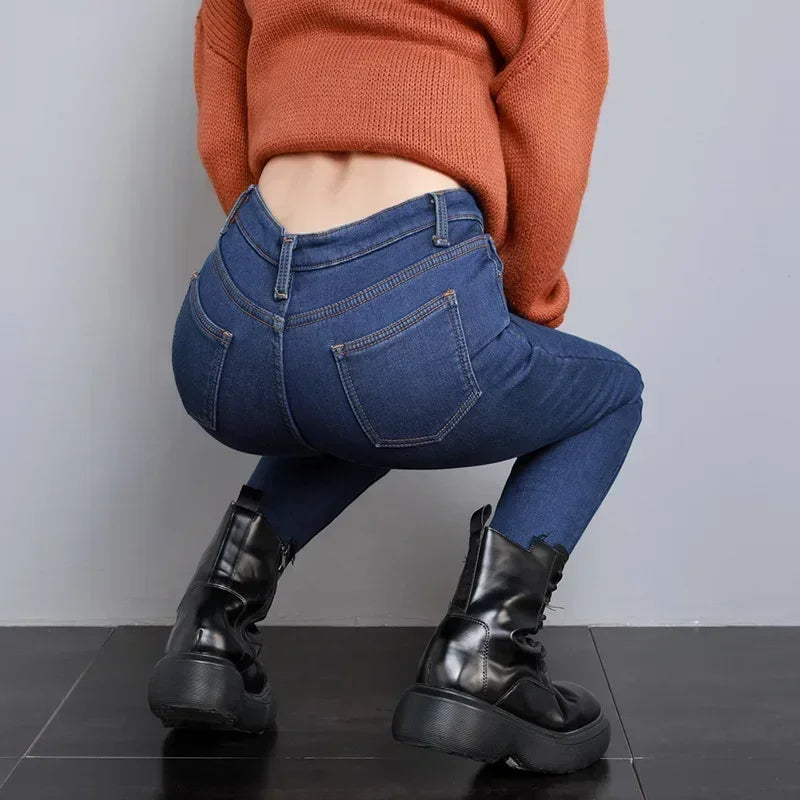 Inverno senhora térmica quente jeans de pelúcia magro estiramento jeans senhora fino ajuste lápis calças meninas perna reta denim