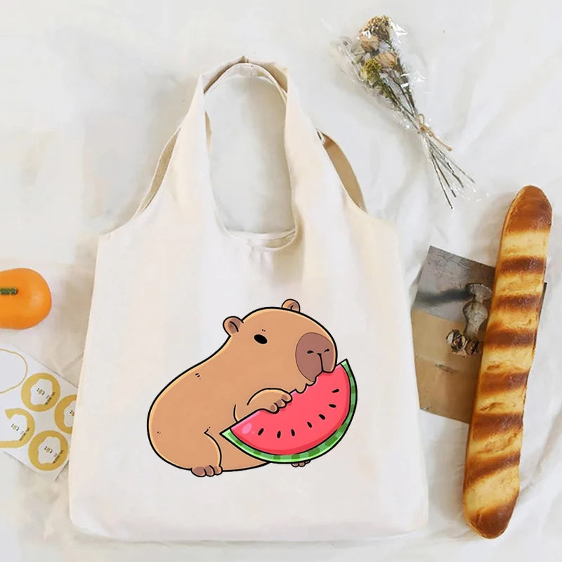 Capivara dos desenhos animados impressão branco lona sacola organizador feminino kawaii eco amigável bolsa de compras capivaras bonito sacos de ombro