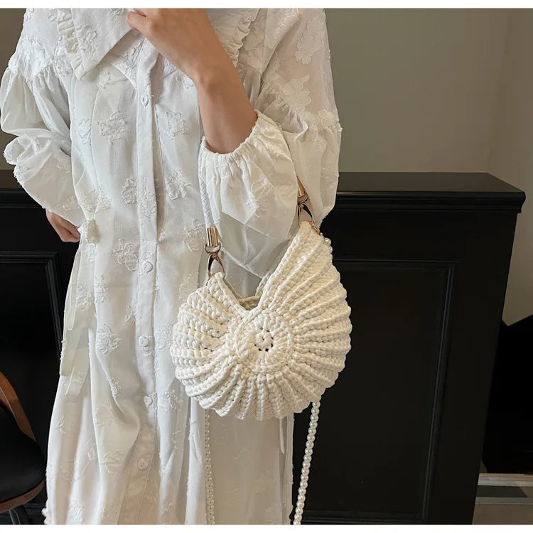 Criativo concha em forma de crochê feminino ombro sacos engraçado bonito pérolas correntes artesanal tecer crossbody saco novidade pequenas bolsas