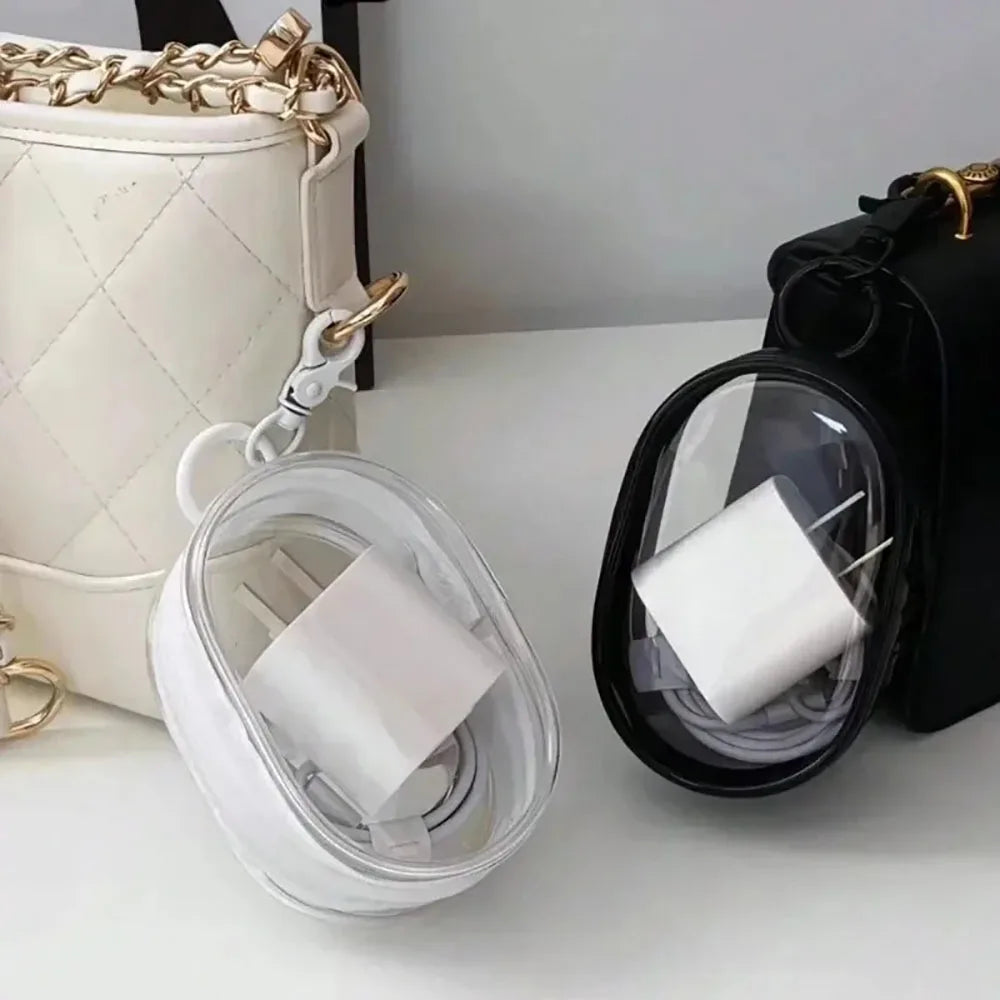 Mini saco de armazenamento com zíper transparente, chaveiro portátil, boneca de desenho animado, organizador de brinquedos para fones de ouvido, carregadores, cabo de dados, sacos de presente