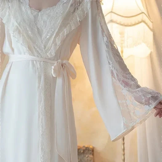 Conjunto de roupão longo para fêmea, corte, camisola princesa, roupão, camisola sexy em renda patchwork, pijamas, roupa de cetim, 2 peças