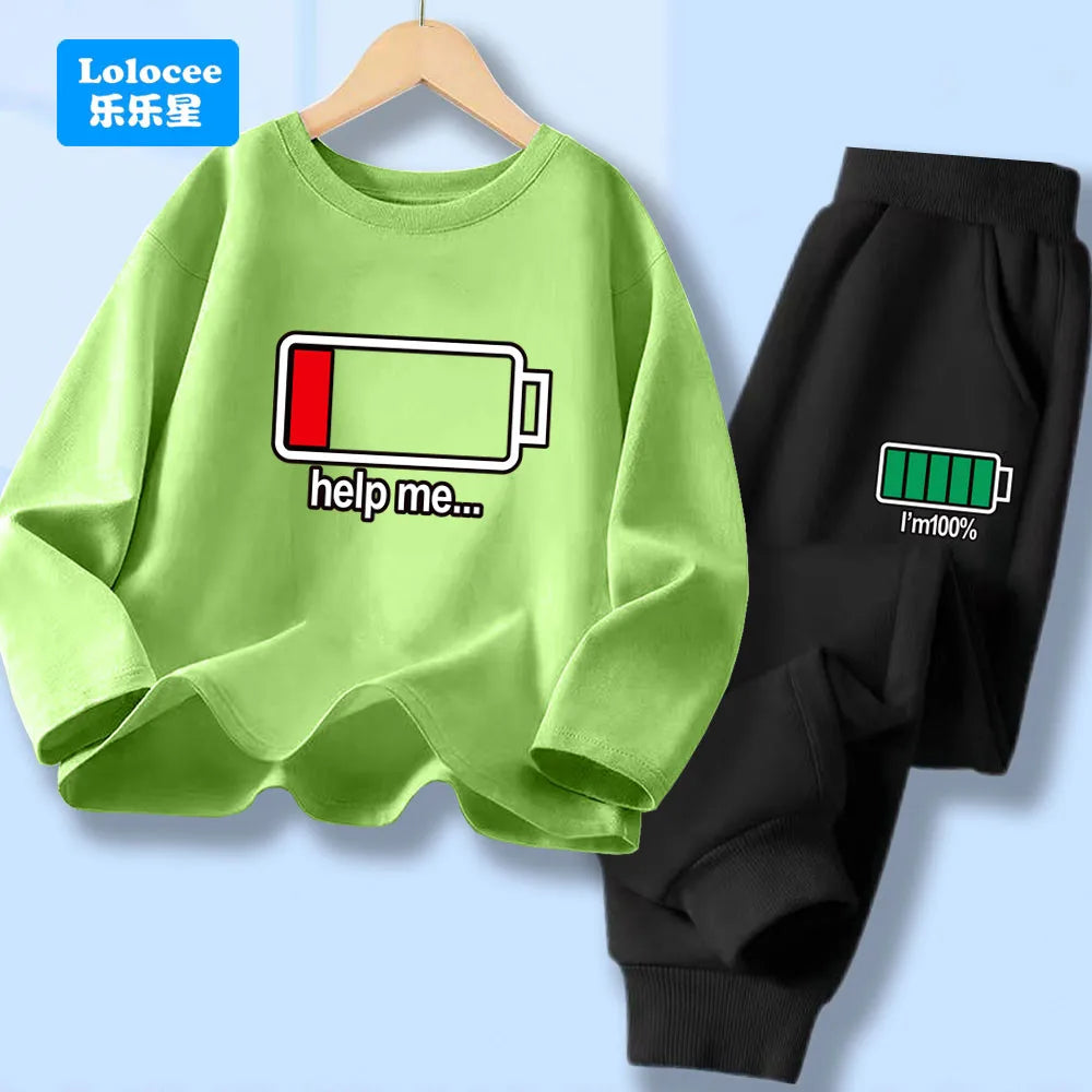 Outono criança menino manga longa 2 pçs conjunto de roupas crianças engraçado bateria carta impressa camiseta pulôver topo e calças fatos de treino dcw1