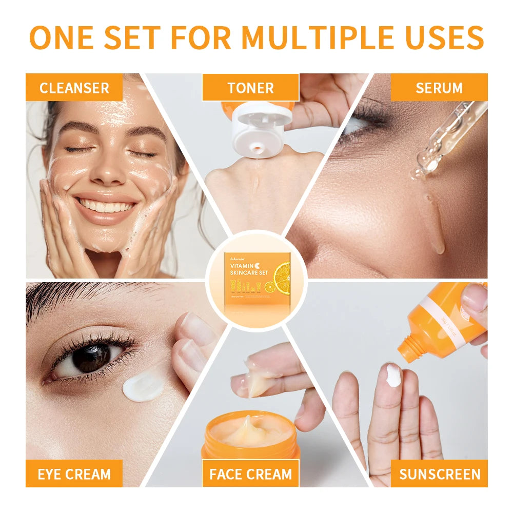 Lakerain vitamina c conjunto de cuidados com a pele 6 pçs kit creme de clareamento manchas escuras soro círculo escuro olho hidratante facial kits de clareamento
