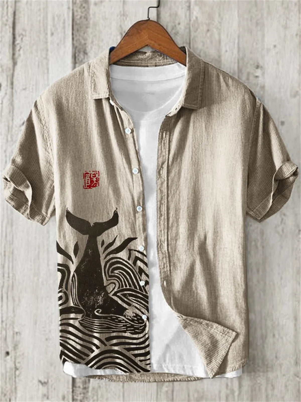 Camisa de linho masculina, texto retrô, arte japonesa, impressão 3D, manga curta, peito único, lazer, férias, top de praia, Havaí