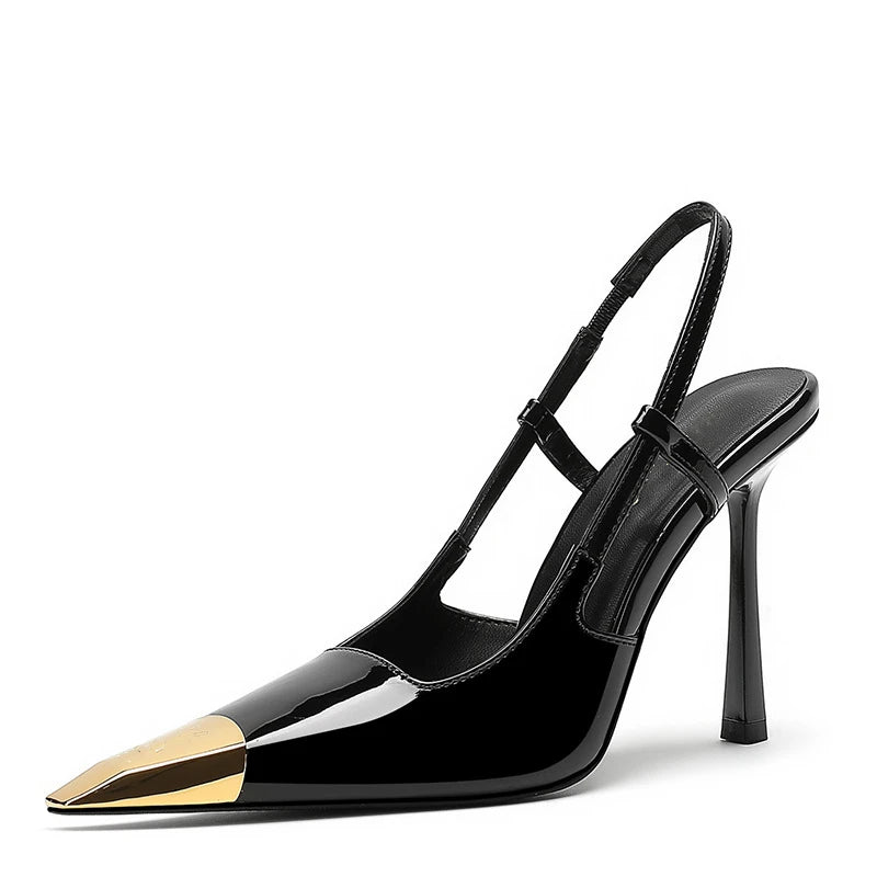 Novo verão sandálias femininas de salto alto ouro cabeça de ferro couro patente preto stiletto cabeça quadrada dedo do pé fechado estilingue volta sapatos