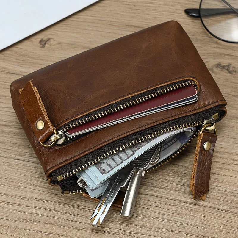 Luufan couro genuíno zíper moeda cartão bolsa de couro real rfid titular do cartão embreagem carteiras slots para homens mulheres mini bolsa fina