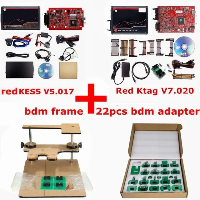 Online 2.80 UE Red Kess V5.017 OBD2 Manager Remap Kit KTAG V7.020 4 LED BDM Frame 22pcs Adaptadores K-TAG 2.25 ECU Flash Tool