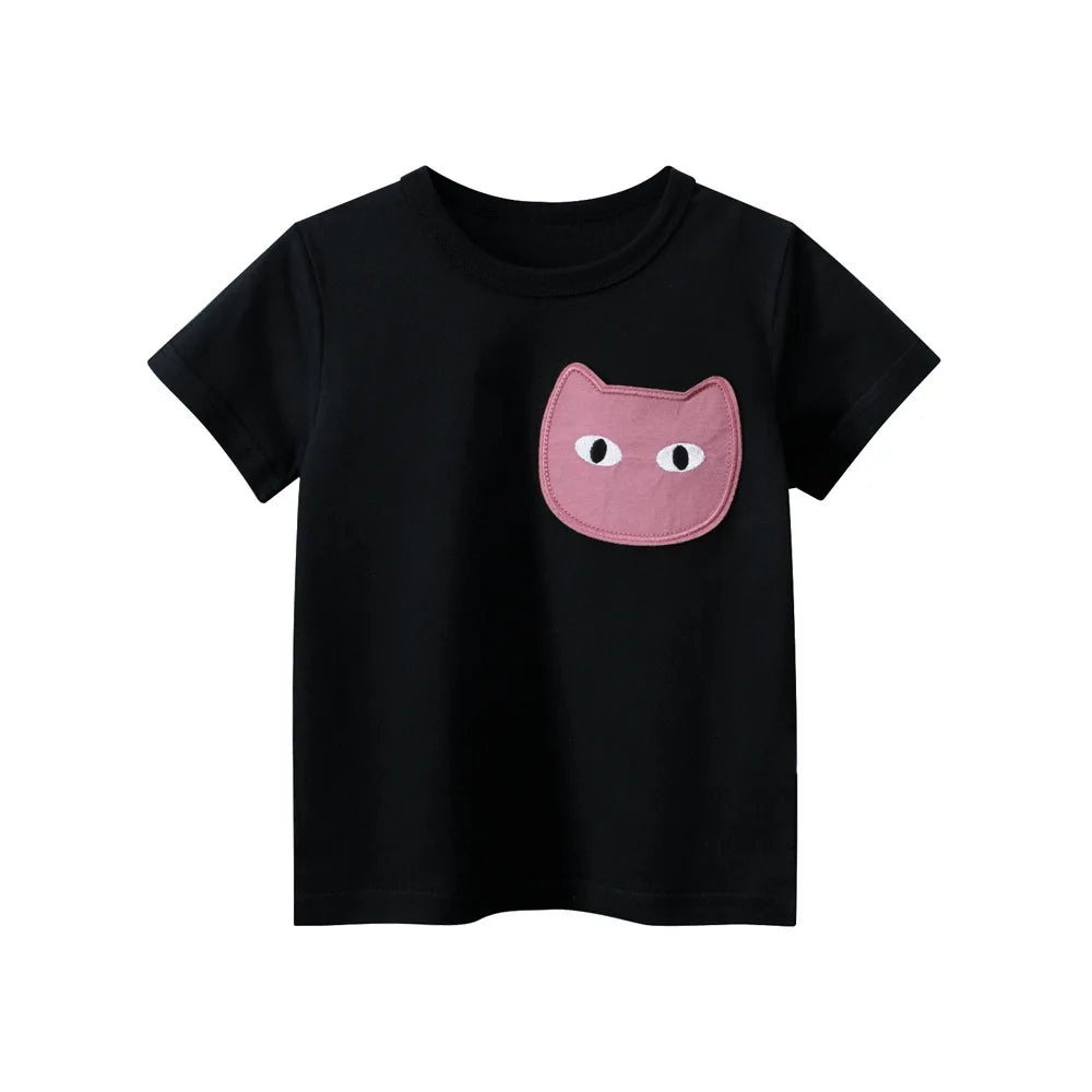 Desenhos animados, Roupas de Meninas, Crianças, Roupas de Verão, 2 Anos, 3 Anos, 4 Anos, 5 Anos, 6 Anos, 7 Anos, Camiseta de Manga Curta, 100% Algodão, Gato Bonito, 8 Anos