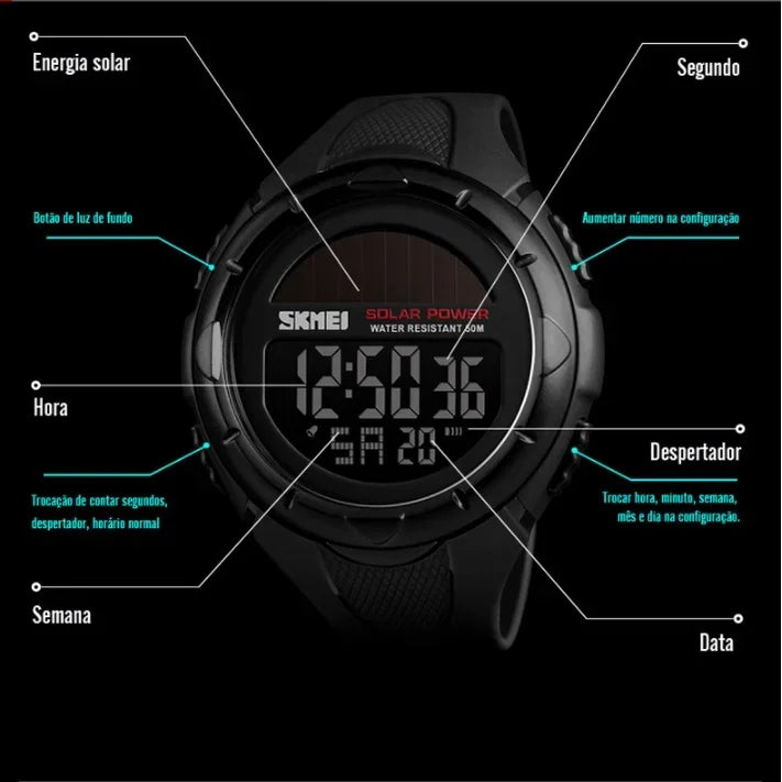 Skmei 1405 esporte digital relógios de pulso dos homens solar para energia ambientalmente alarme masculino reloj hombre relógios luminosos