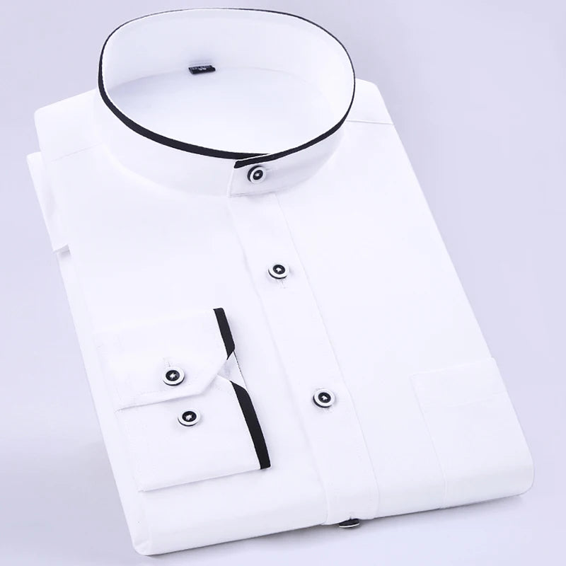 Camisas sociais masculinas clássicas de manga comprida, ajuste padrão, formal, negócios, social, simples, design básico, branco, trabalho, escritório, camisa casual